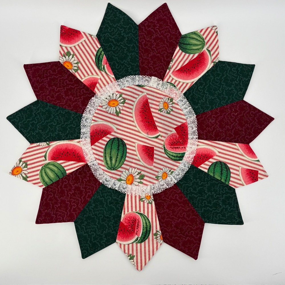 Handmade Watermelon Table Topper Quilted Star 30" Lace Trim Summer Decor